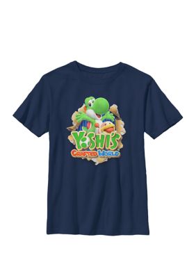Nintendo Boys Yoshi's Crafted World Poochy Burst Game Logo Crew T-Shirt, Navy Blue, X-Large