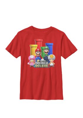 Nintendo Kids Super Mario Pipes Group Shot Poster Crew Graphic T-Shirt, Red, Small