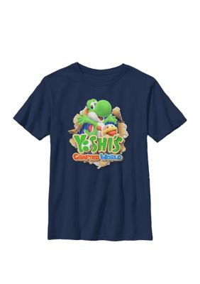 Nintendo Kids Yoshi's Crafted World Poochy Burst Game Logo Crew Graphic T-Shirt, Navy Blue, Large