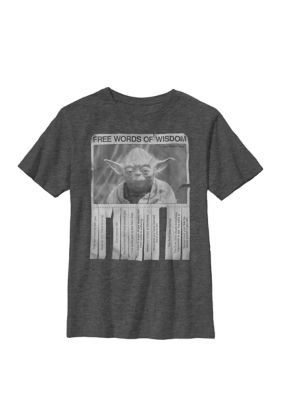 Star Wars Boys Yoda Poster Words Of Wisdom Crew T-Shirt, Grey, Small