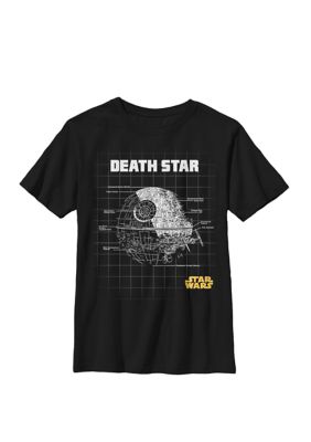 Star Wars Boys 8-20 Death Star Blue Print Grid Poster Crew T-Shirt, Black, XSmall