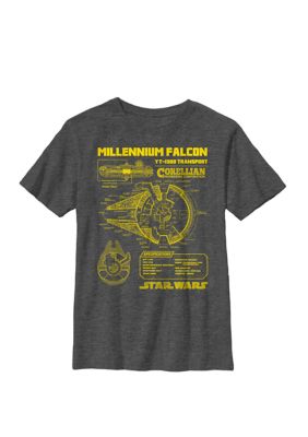 Star Wars Boys 8-20 Gold Millennium Falcon Schematics Crew T-Shirt, Grey, Small