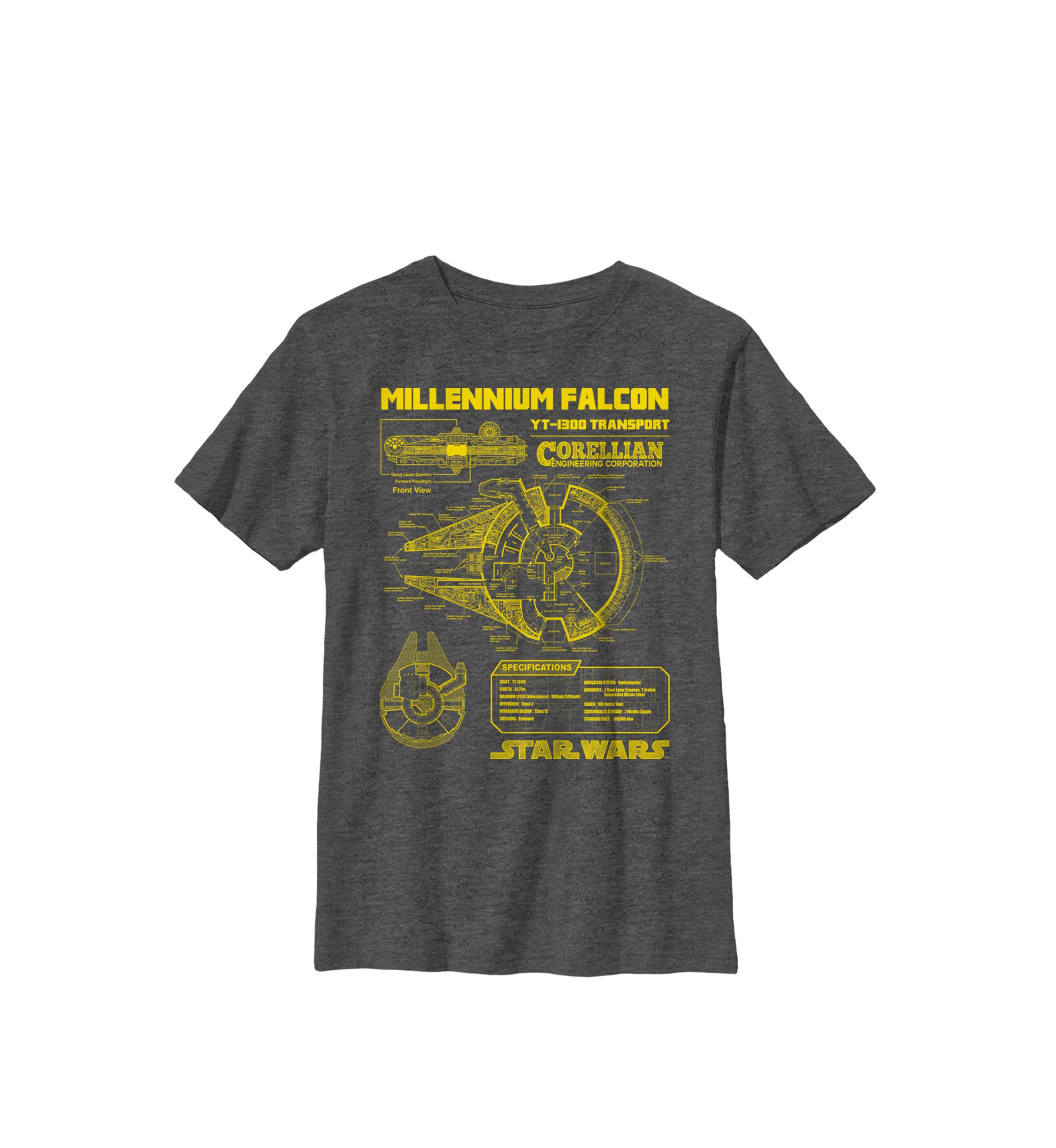 Boys 8-20 Gold Millennium Falcon Schematics Crew T-Shirt