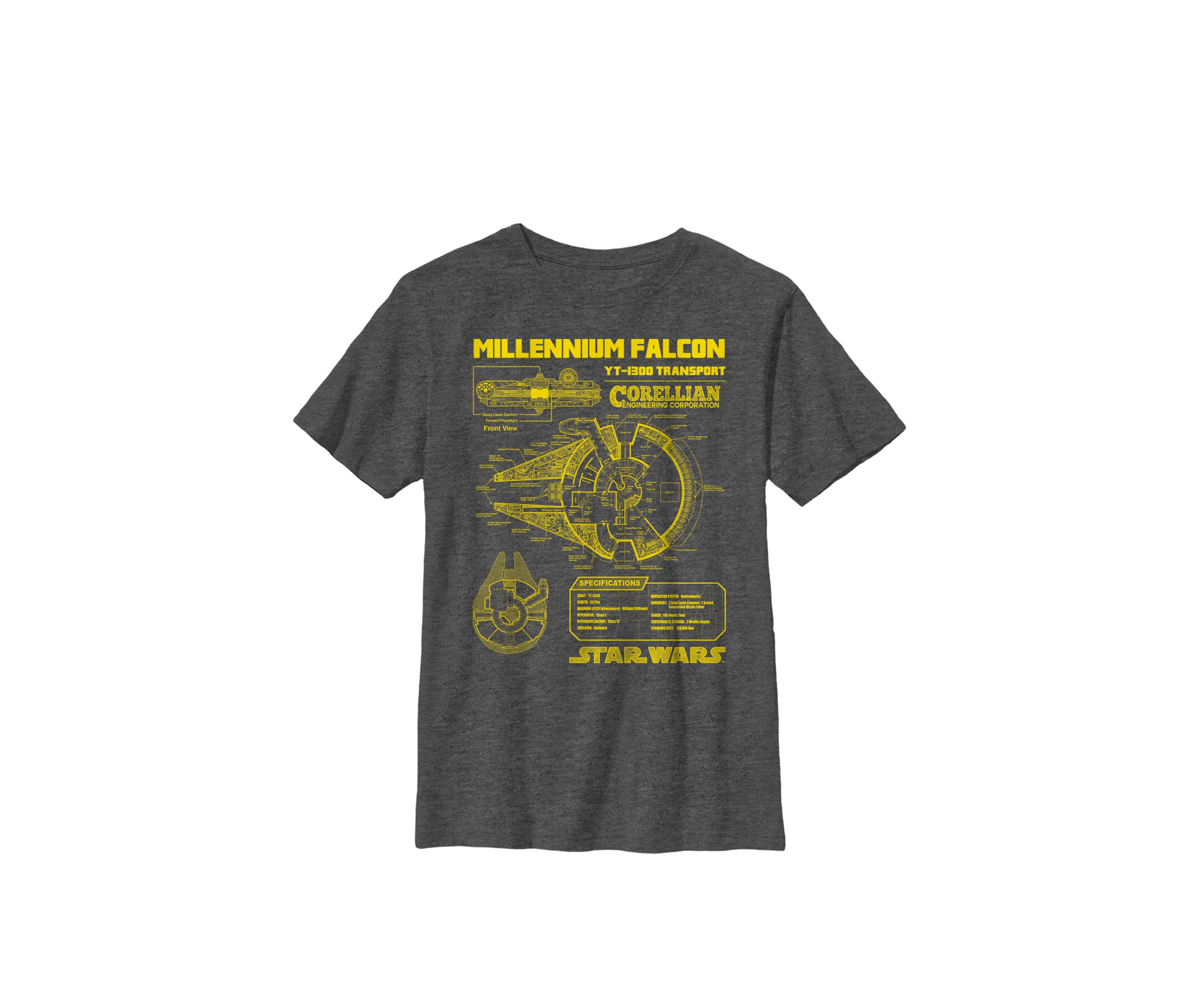 Boys 8-20 Gold Millennium Falcon Schematics Crew T-Shirt