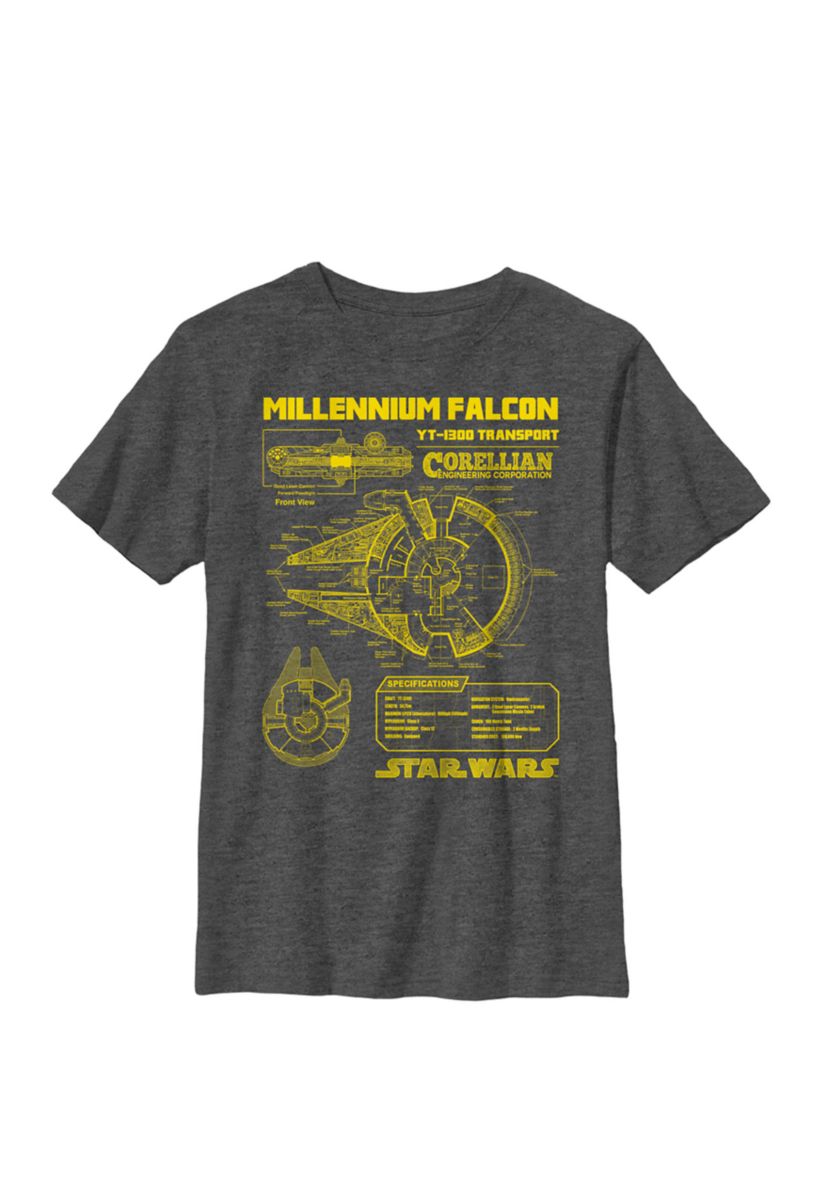 Boys 8-20 Gold Millennium Falcon Schematics Crew T-Shirt