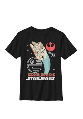 Star Wars Boys 8-20 Millennium Falcon Death Star Colorful B1 Crew Graphic T-Shirt, Black, XSmall