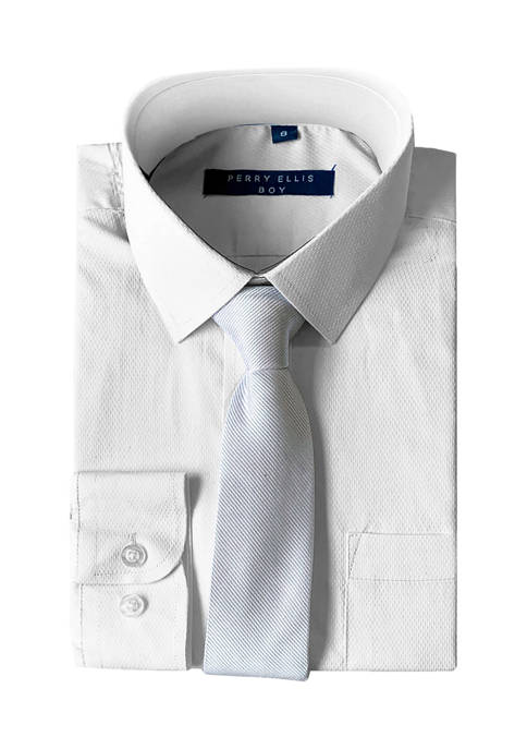  Boys 4-20 Solid White Dress Shirt with White Tie 