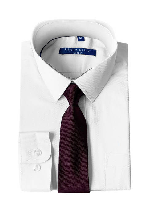 Boys 4-20 Solid White Dress Shirt with Burgundy Tie