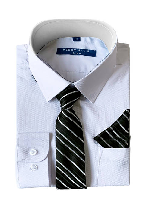 Boys 4-20 Solid White Dress Shirt with Textured Black Tie