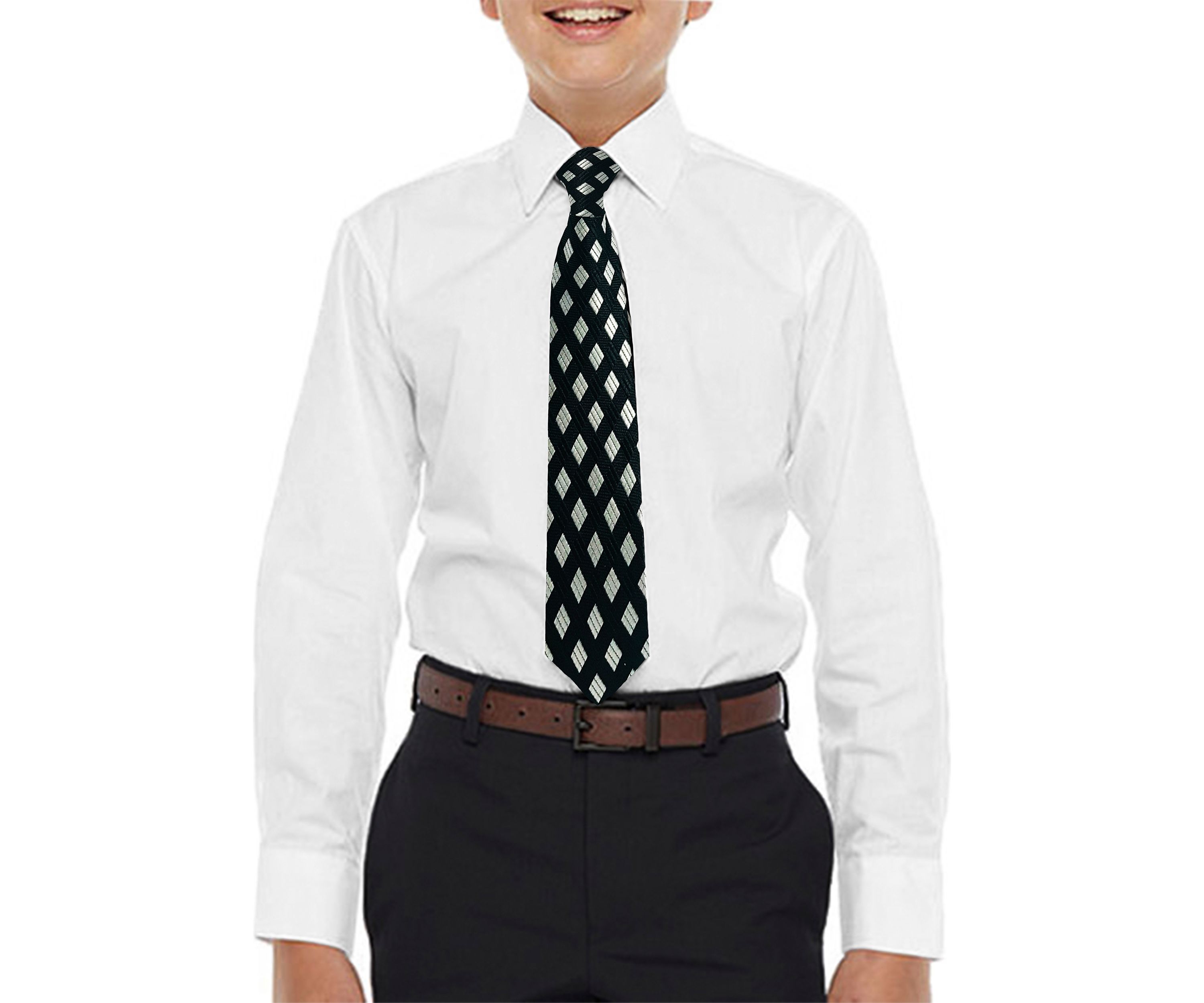 Boys 4-20 Solid White Dress Shirt with Textured Dark Gray Tie
