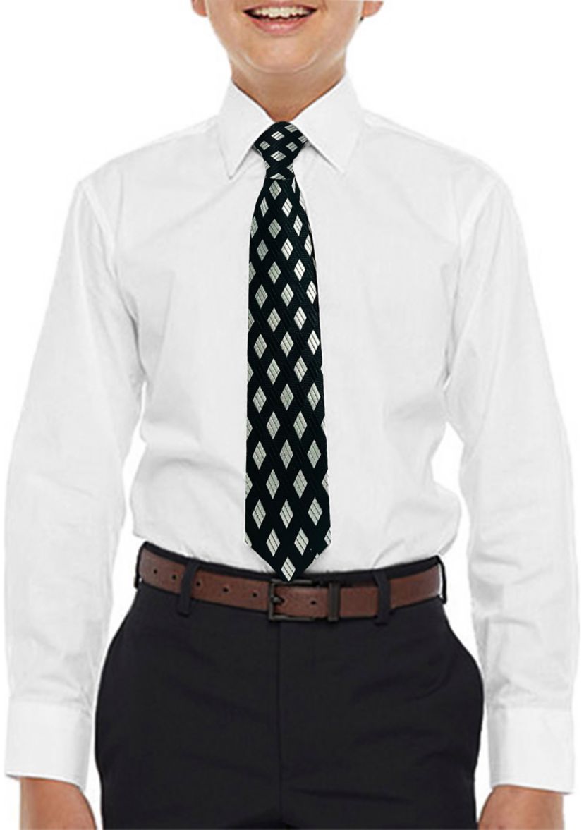 Boys 4-20 Solid White Dress Shirt with Textured Dark Gray Tie