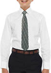 Boys 4-20 Solid White Dress Shirt with Textured Medium Gray Tie