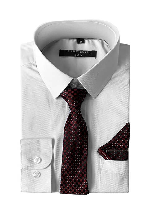 Boys 4-20 Solid White Dress Shirt with Textured Burgundy Tie