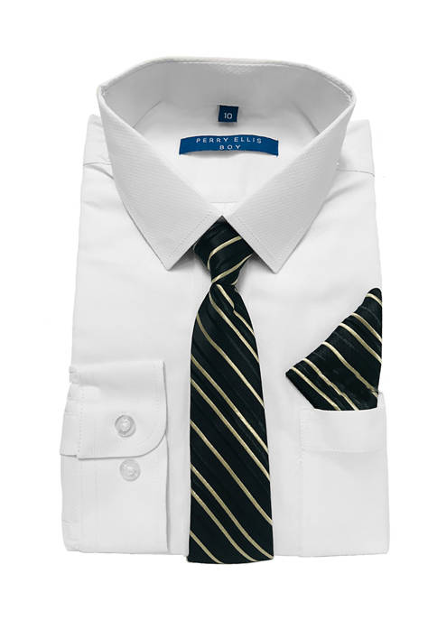 Boys 4-20 Solid White Dress Shirt with Textured Tan Tie