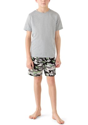 Sleep On It Boys 8-20 Camo Shorts and Solid T-Shirt 2-Piece Sleep Set, Gray, 12 - 14