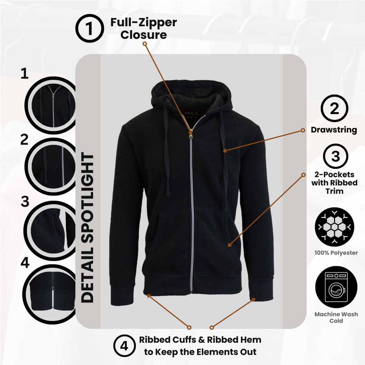 Galaxy By Harvic Boys Slim Fit Fleece Lined Zip Up Hoodie