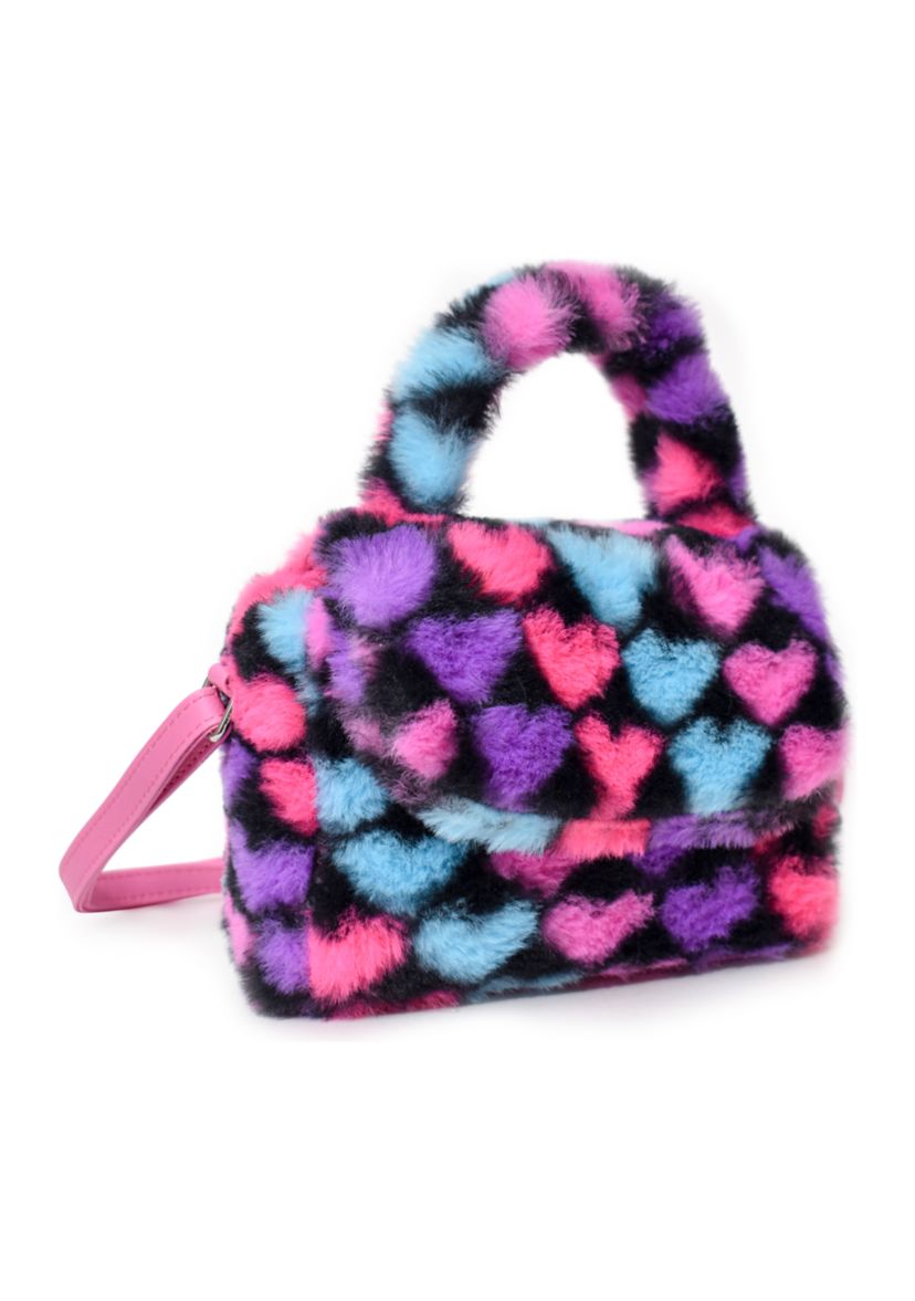 Girls Heart Printed Faux Fur Crossbody Bag