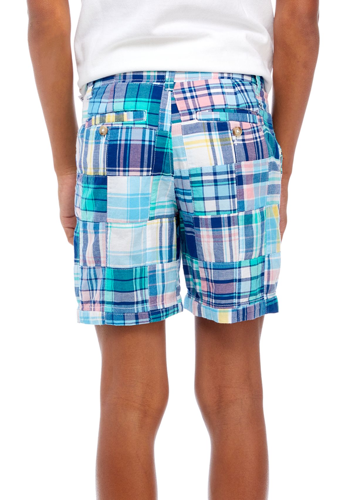 Boys 8-20 Madras Plaid Patch Printed Shorts