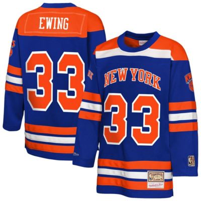 Mitchell & Ness Youth NBA Patrick Ewing New York Knicks Maxxed Out 2.0 Fashion Hockey Jersey, Blue, Medium