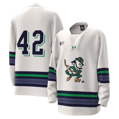 Youth NCAA Under Armour #42 Notre Dame Fighting Irish Alternate Leprechaun Replica Hockey Jersey, White, Small