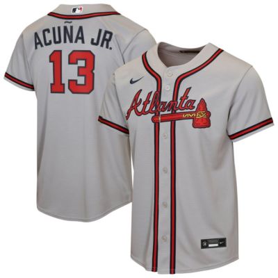 Youth MLB Nike Ronald Acuña Jr. Atlanta Braves Road Replica Jersey, Gray, XL