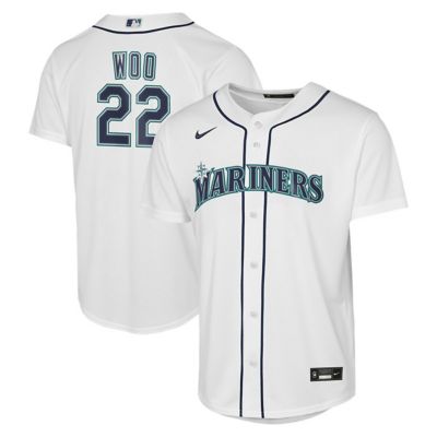 Youth MLB Nike Bryan Woo Seattle Mariners Home Baseline Jersey, White, Medium
