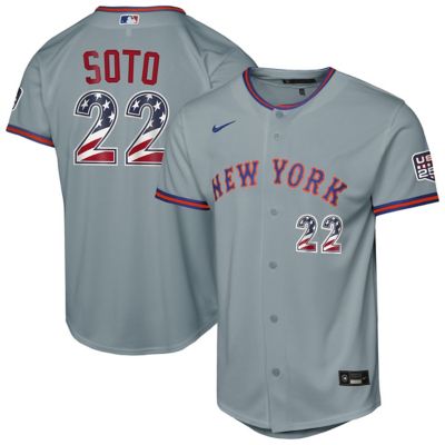 Youth MLB Nike Juan Soto New York Mets USA 250 Fourth of July Road Replica Jersey, Gray, Small