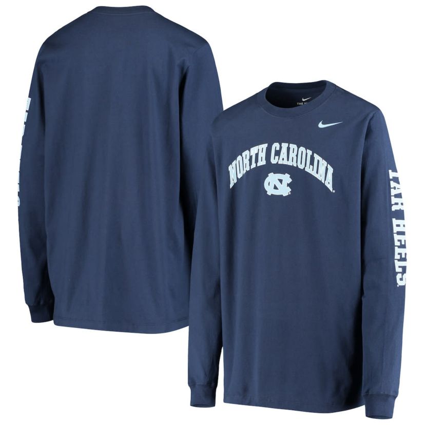 NCAA Nike North Carolina Tar Heels Arch & Logo 2-Hit Long Sleeve T-Shirt