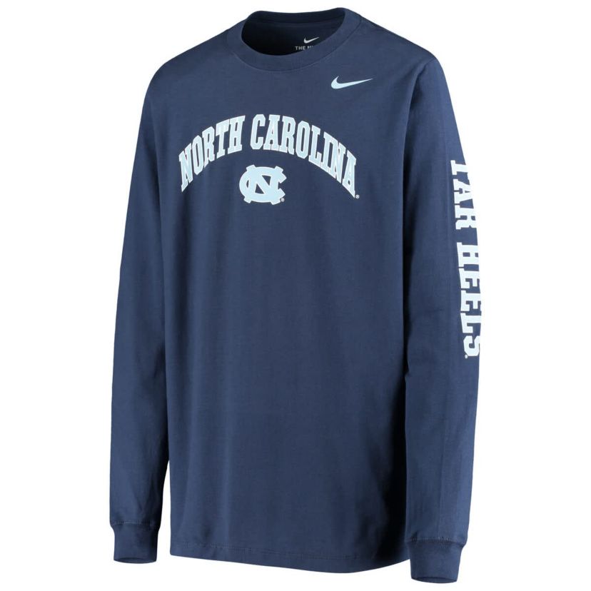 NCAA Nike North Carolina Tar Heels Arch & Logo 2-Hit Long Sleeve T-Shirt