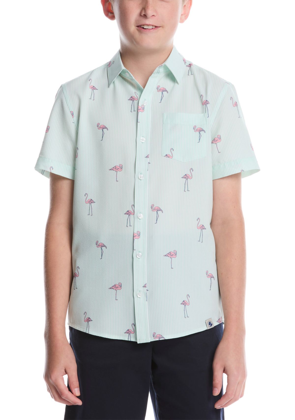 Boys 8-20 Short Sleeve Flamingo Print Woven Shirt 
