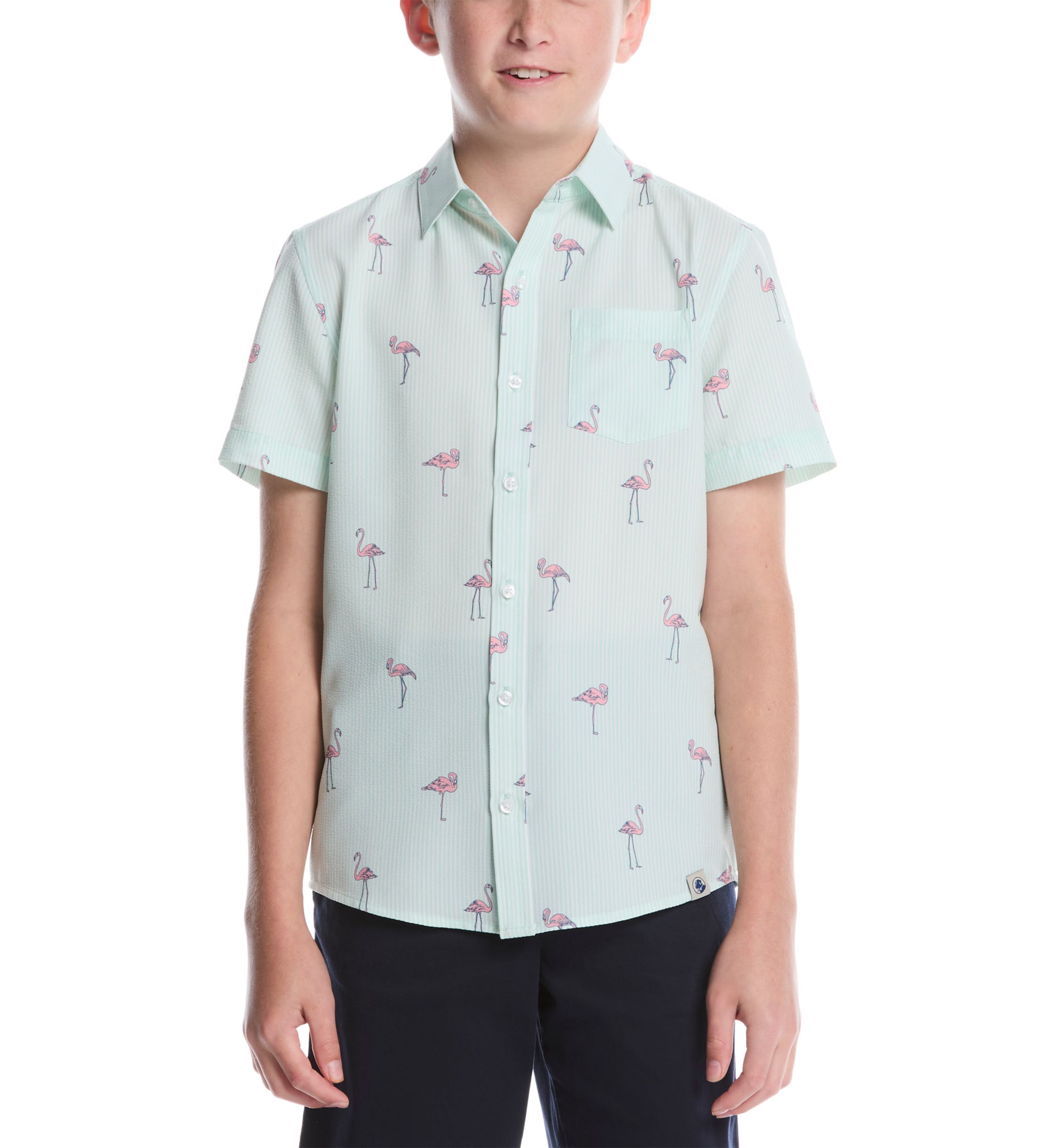 Boys 8-20 Short Sleeve Flamingo Print Woven Shirt 