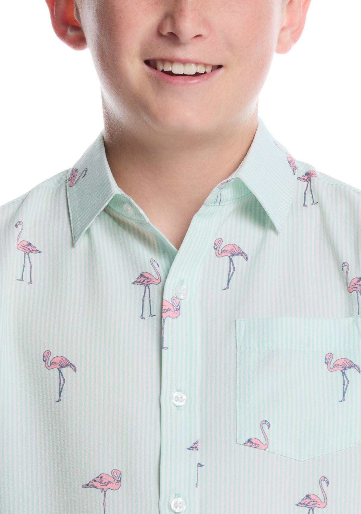 Boys 8-20 Short Sleeve Flamingo Print Woven Shirt 