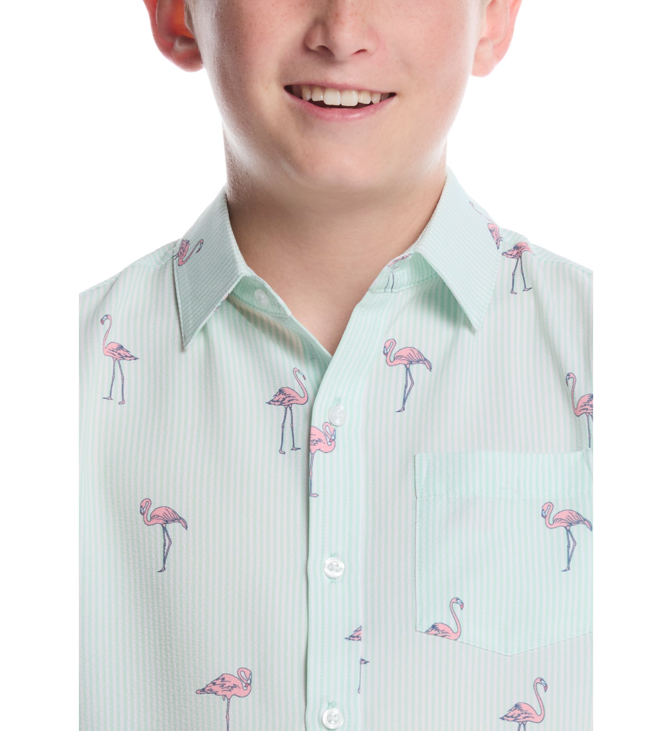 Boys 8-20 Short Sleeve Flamingo Print Woven Shirt 