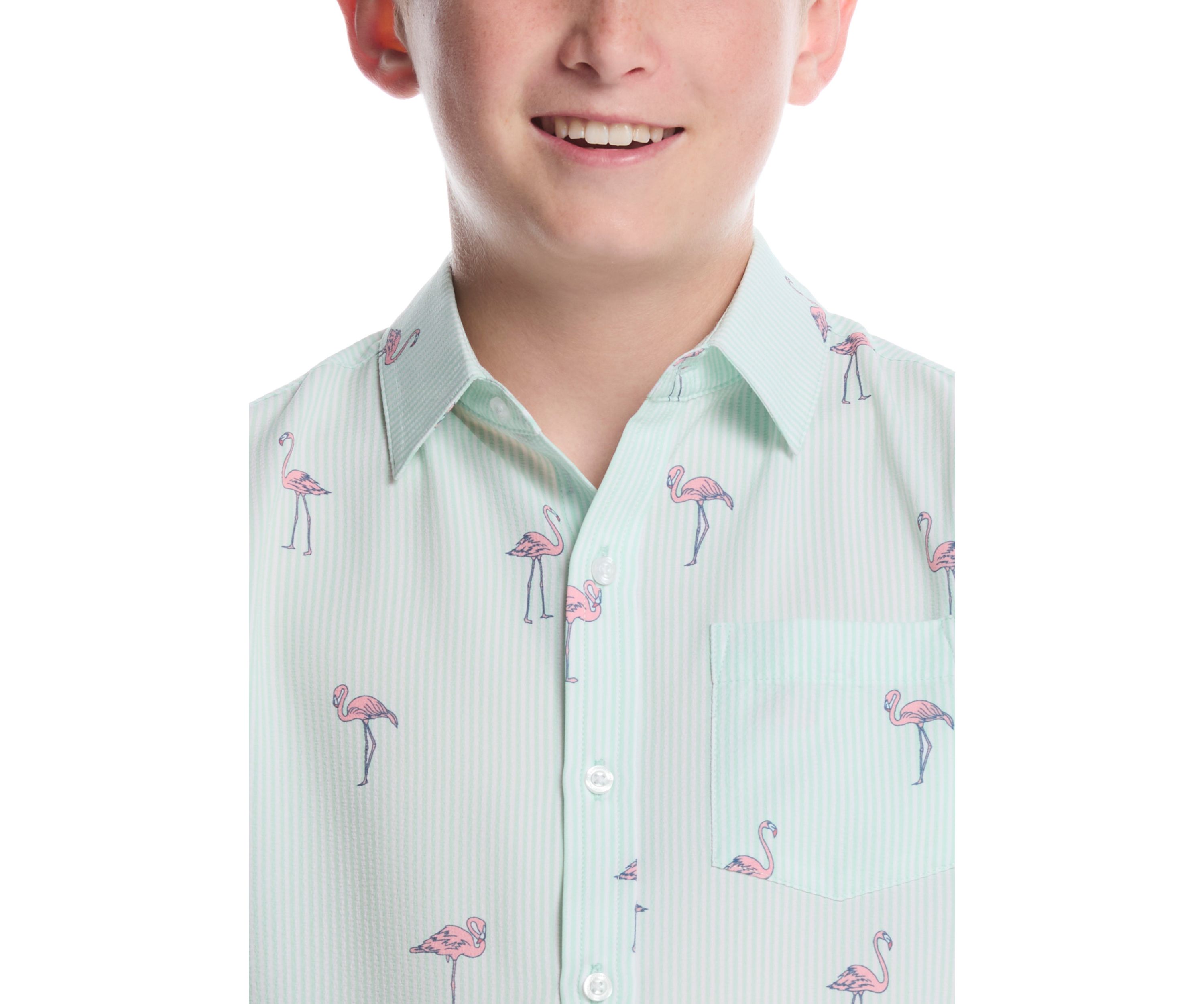 Boys 8-20 Short Sleeve Flamingo Print Woven Shirt 
