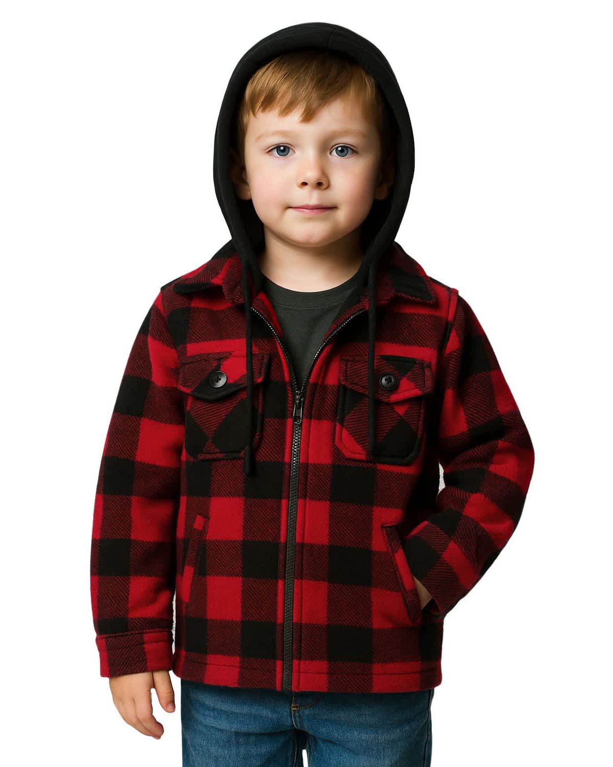 BOYS QUILTED FLEECE HOODED SHIRT JACKET