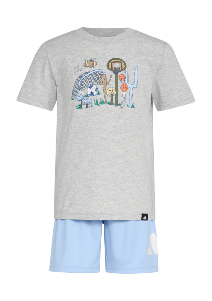 Boys 4-7 Two Piece Short Sleeve Cotton Heather T-Shirt & Elastic Waistband Logo Shorts Set