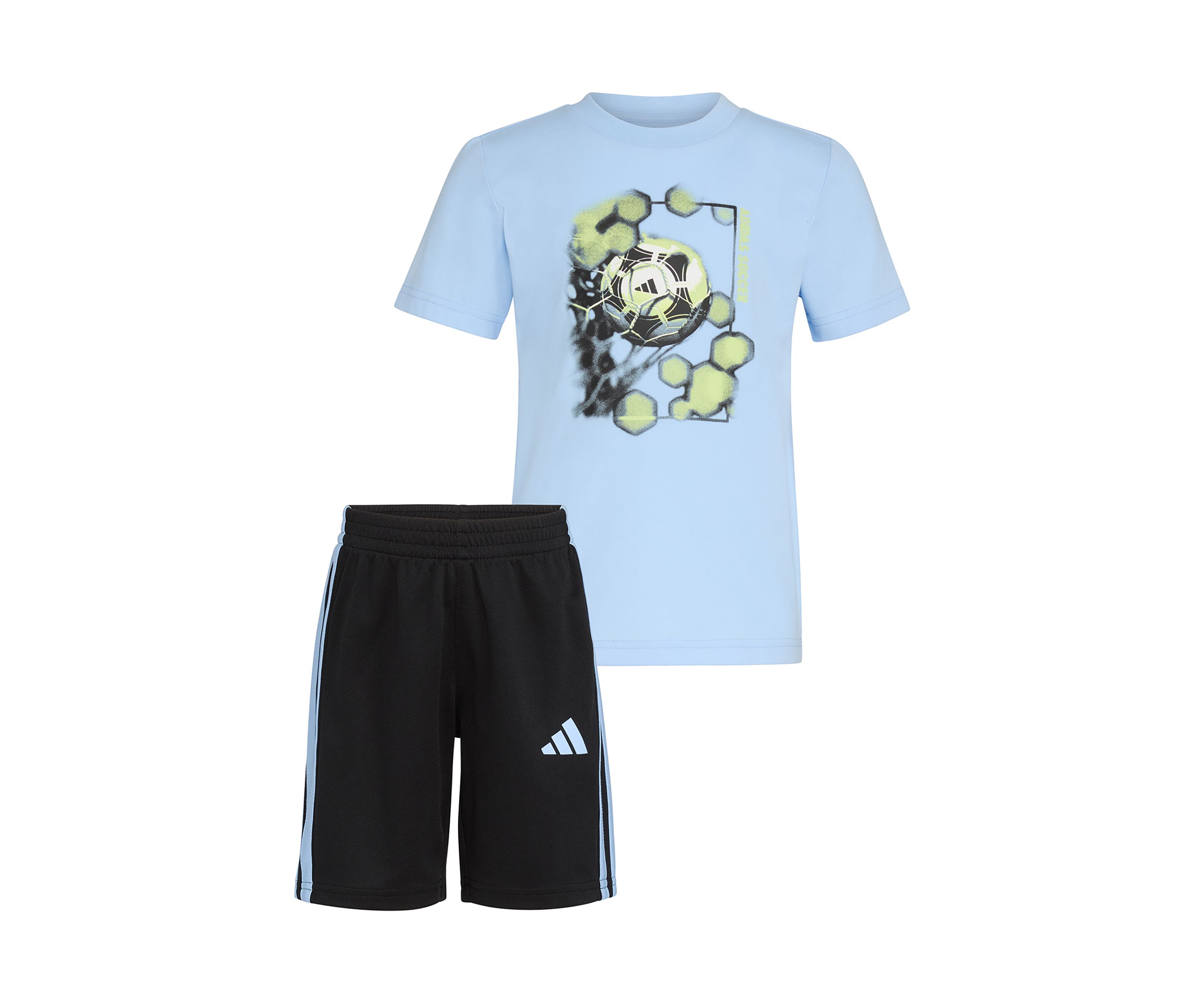 Boys 4-7 2 Piece Short Sleeve Graphic Cotton T-Shirt and 3-Stripe Shorts Set