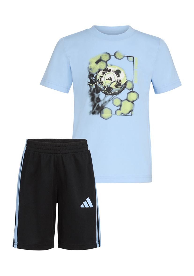 Boys 4-7 2 Piece Short Sleeve Graphic Cotton T-Shirt and 3-Stripe Shorts Set