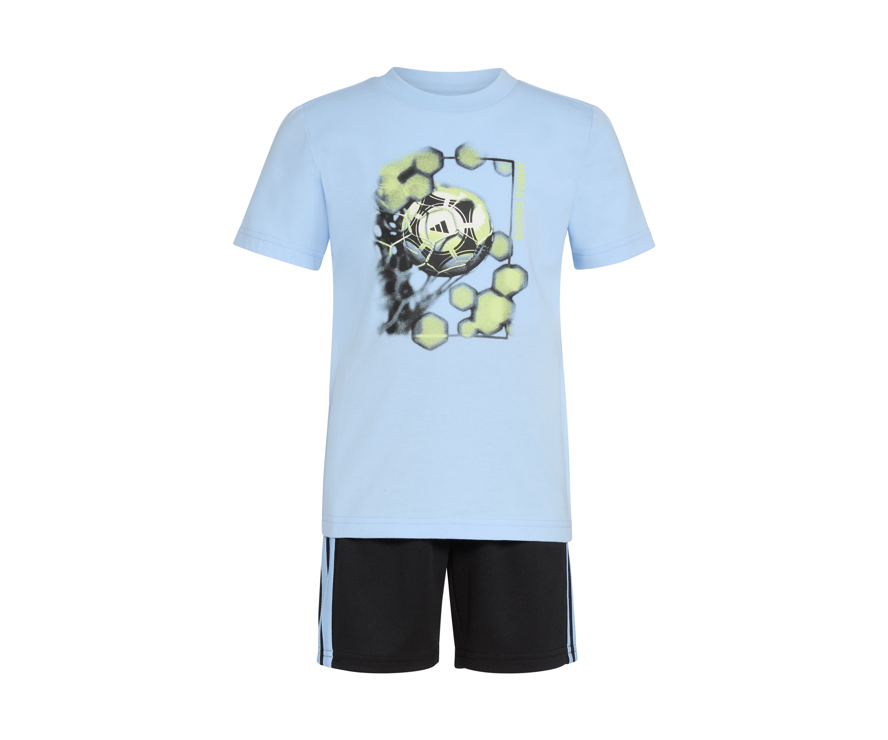Boys 4-7 2 Piece Short Sleeve Graphic Cotton T-Shirt and 3-Stripe Shorts Set