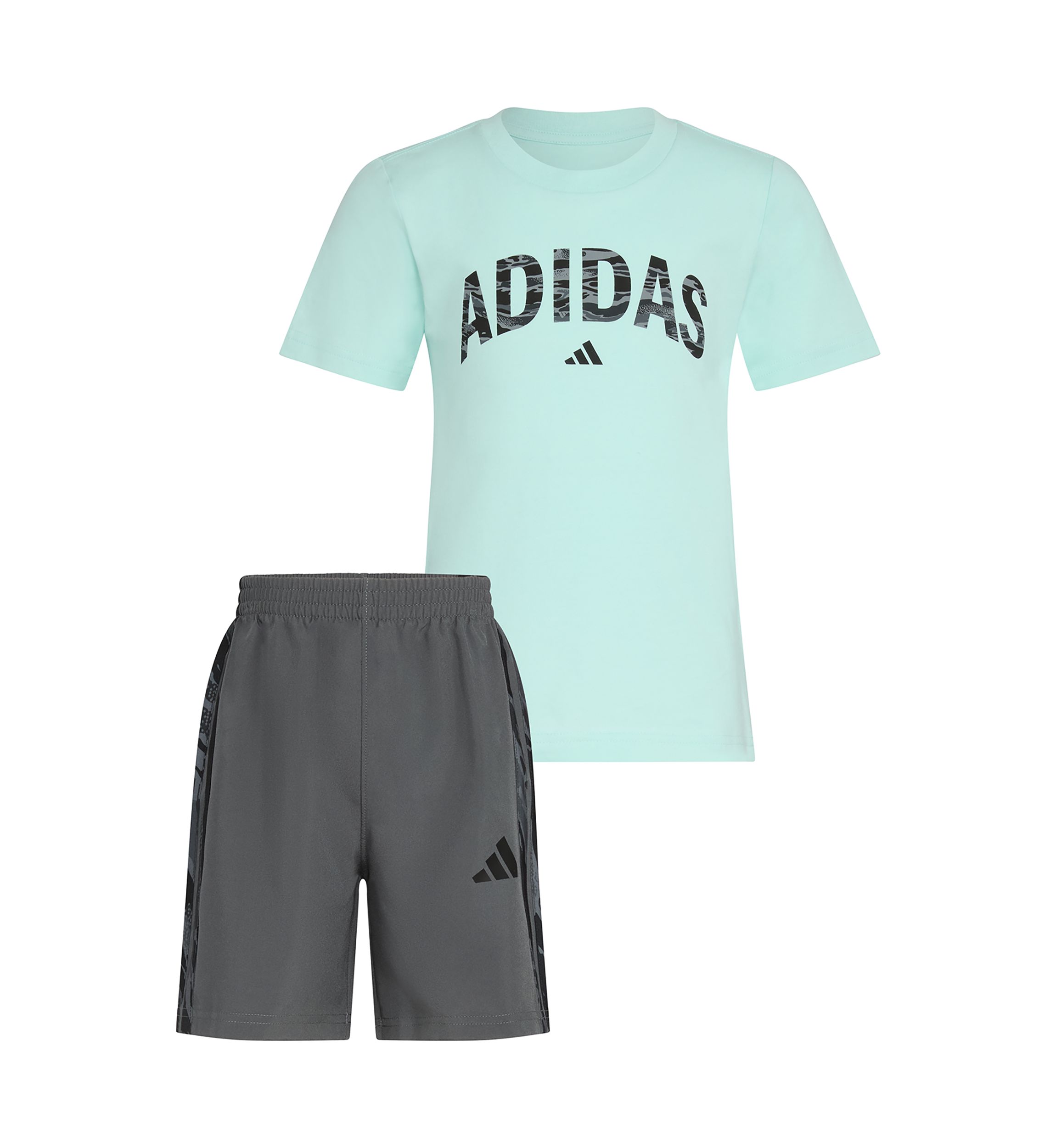 Boys 4-7 2 Piece Short Sleeve T-Shirt and Camo 3-Stripe Woven Short Set
