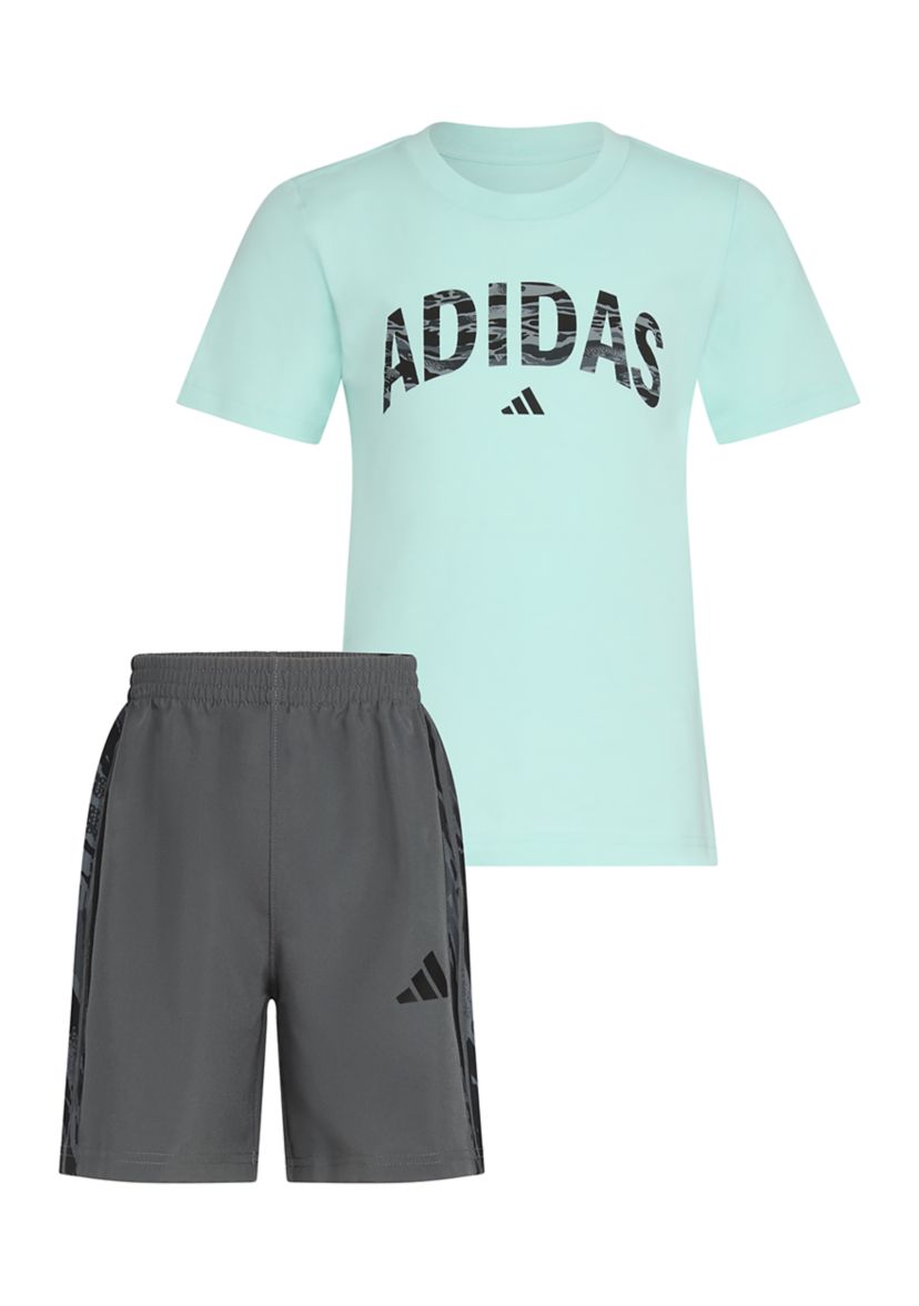 Boys 4-7 2 Piece Short Sleeve T-Shirt and Camo 3-Stripe Woven Short Set