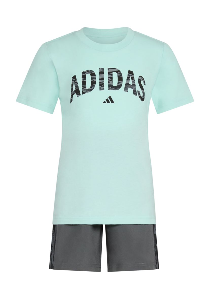 Boys 4-7 2 Piece Short Sleeve T-Shirt and Camo 3-Stripe Woven Short Set