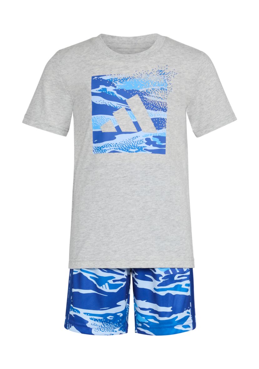 Boys 4-7 Two Piece Short Sleeve Cotton Heather T-Shirt & Elastic Waistband Printed Shorts Set