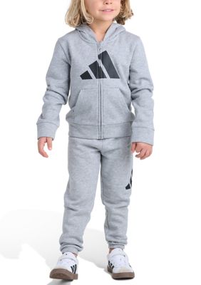 adidas Boys 4-7 2-Piece Long Sleeve Full-Zip Essential Fleece Big Logo Heather Jacket and Jogger Set