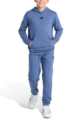 adidas Boys 8-20 2-Piece Long Sleeve Essential Small Logo Fleece Pullover & Jogger Set, Navy Blue, XL