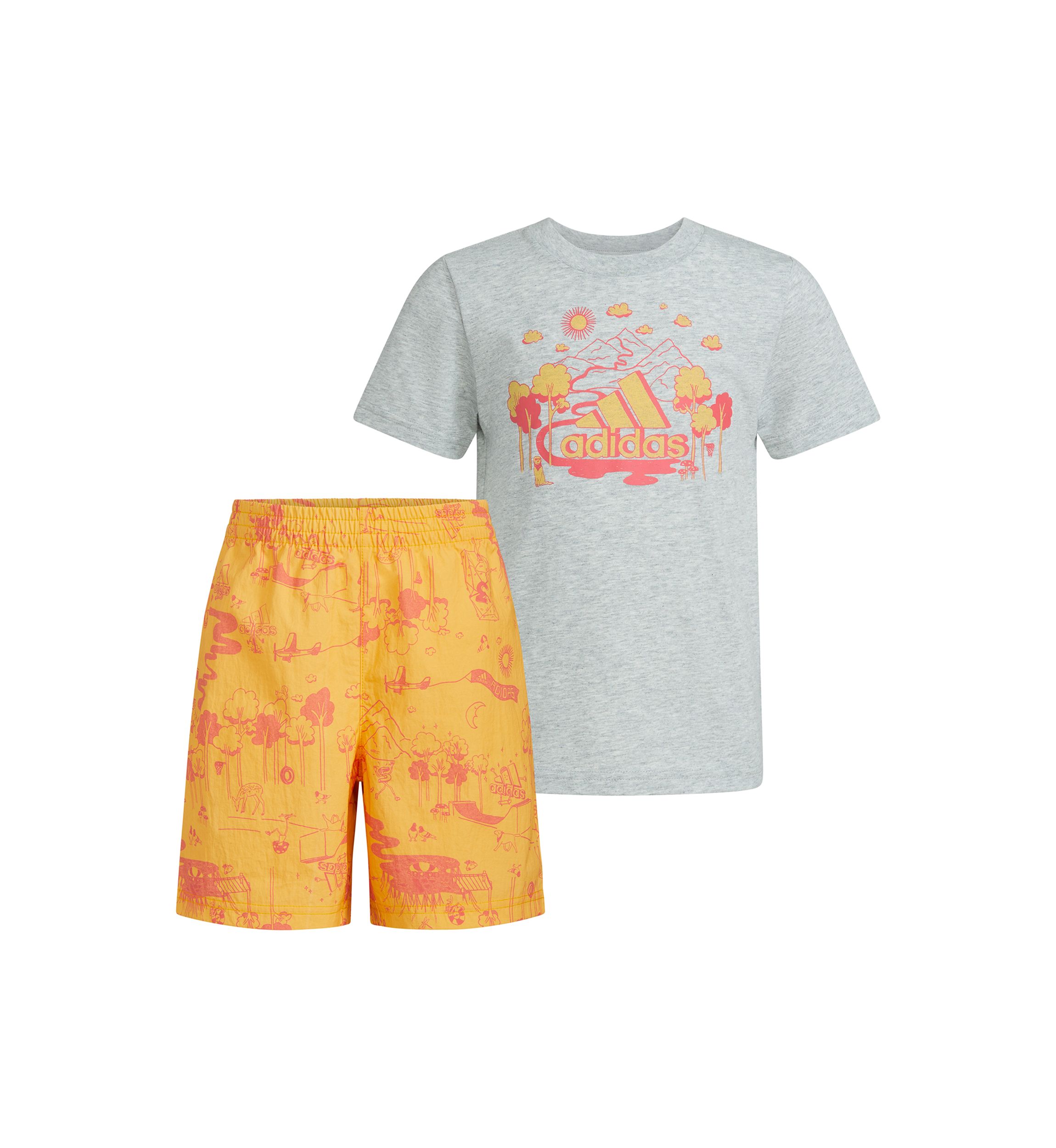Boys 4-7 Two Piece Short Sleeve Cotton Heather T-Shirt Printed Woven Shorts Set