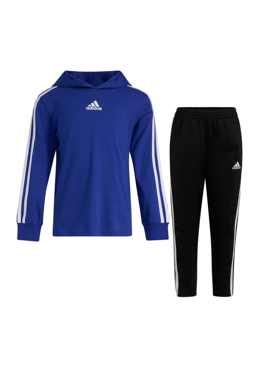 Boys 4-7 Two Piece Three Stripe Hooded T-Shirt and Pants Set