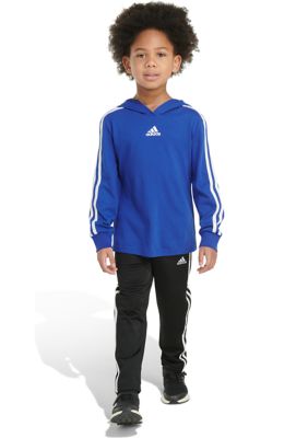 Boys 4-7 Two Piece Three Stripe Hooded T-Shirt and Pants Set