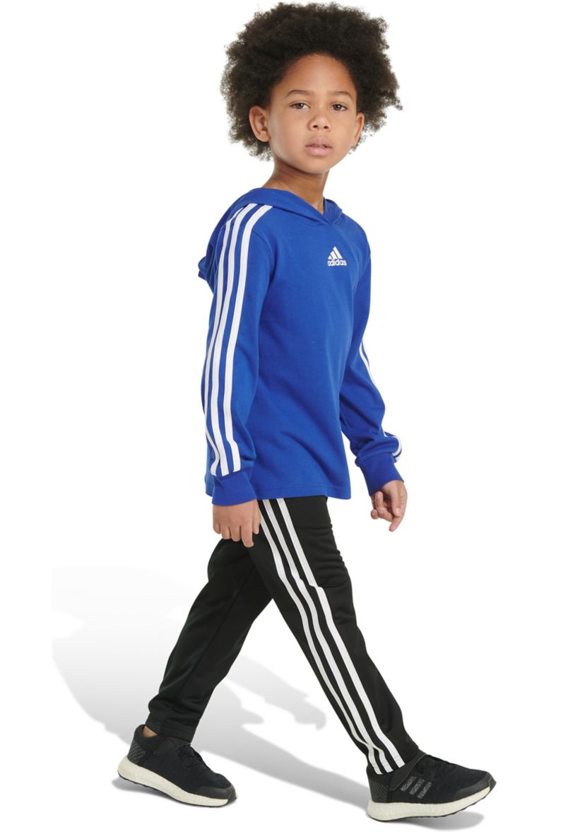 Boys 4-7 Two Piece Three Stripe Hooded T-Shirt and Pants Set