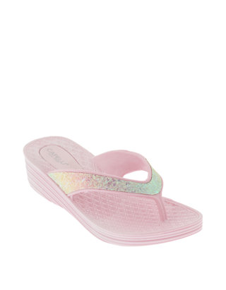 Capelli New York Woven Texture Girls Wedge Flip Flop with Flowers
